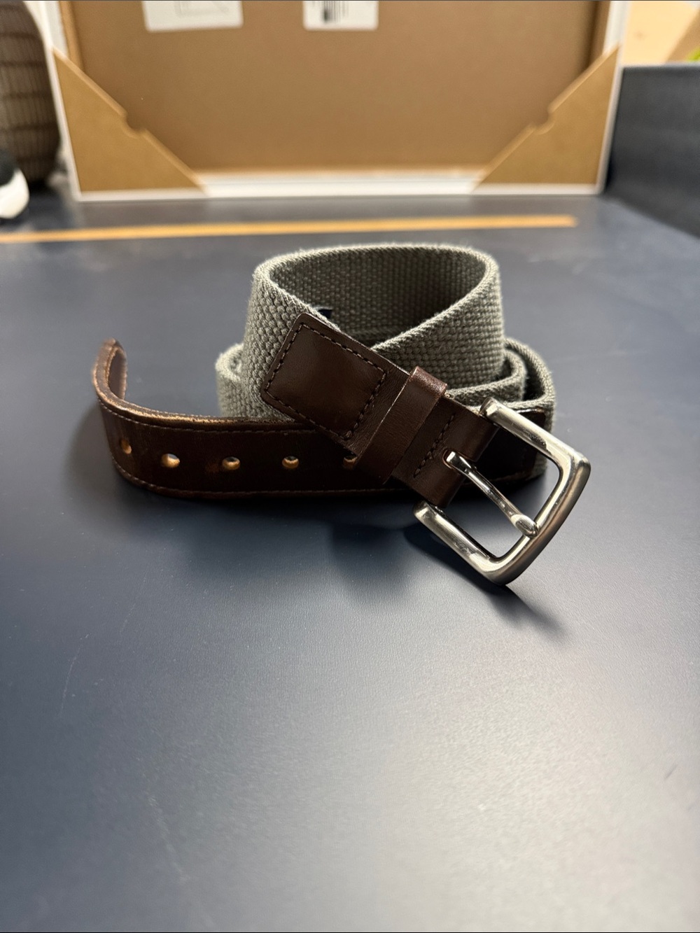 Vineyard Vines Leather and Gray Canvas Belt with with Solid Brass Buckle
